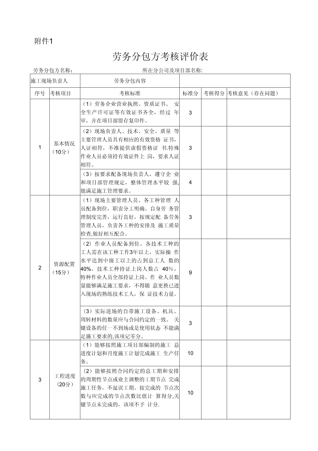 劳务分包方考核评价表格设计及应用指南